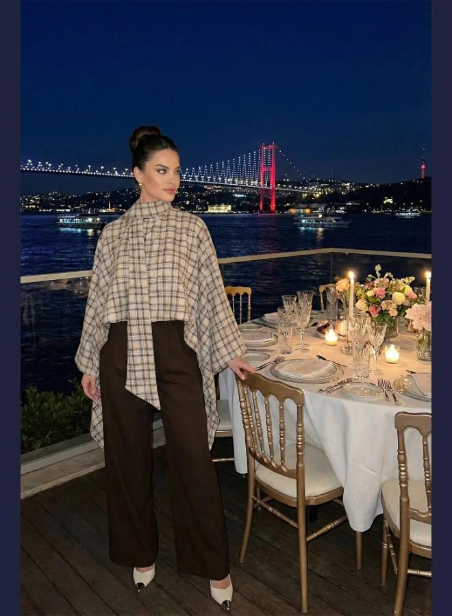 ليلا Lela Plaid Cotton Oversize Fit Scarf Collar Poncho for Women 6925472